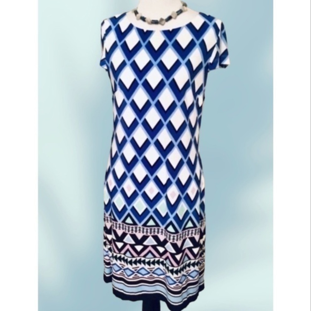 Jessica Howard Blue/White Geometric Casual Career Short Sleeve Stretchy Dress S